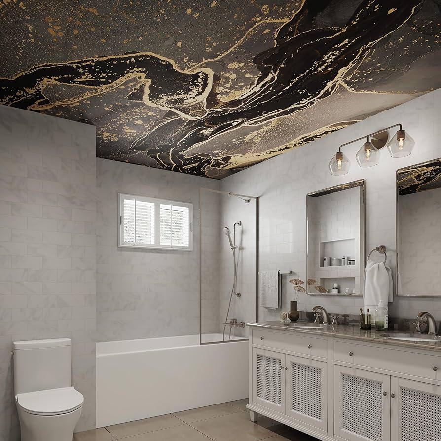 Luxury bathroom with black and gold marble pattern stretch ceiling - custom printed design Florida