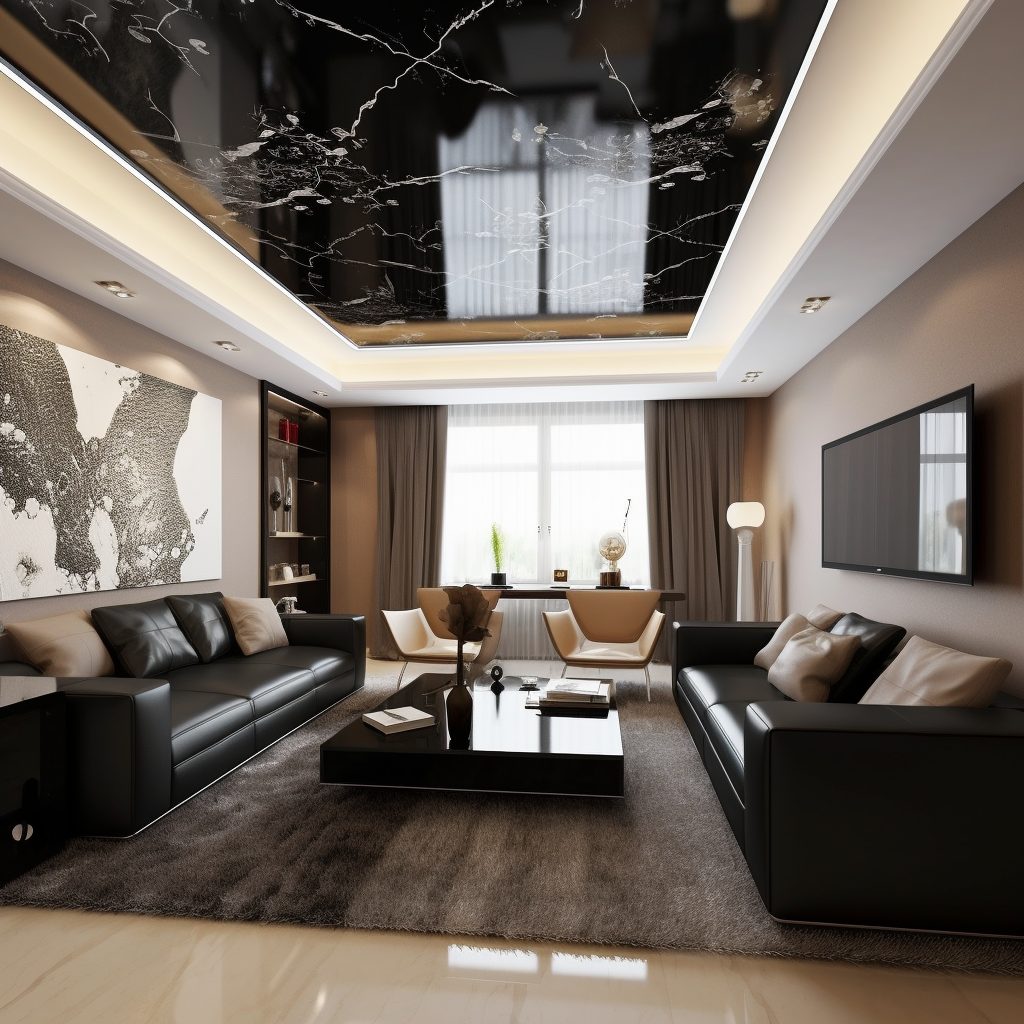 Modern living room featuring glossy black marble stretch ceiling with recessed lighting - Florida home renovation