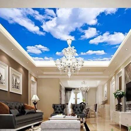 Bright blue sky and clouds printed stretch ceiling in elegant Florida living room with chandelier