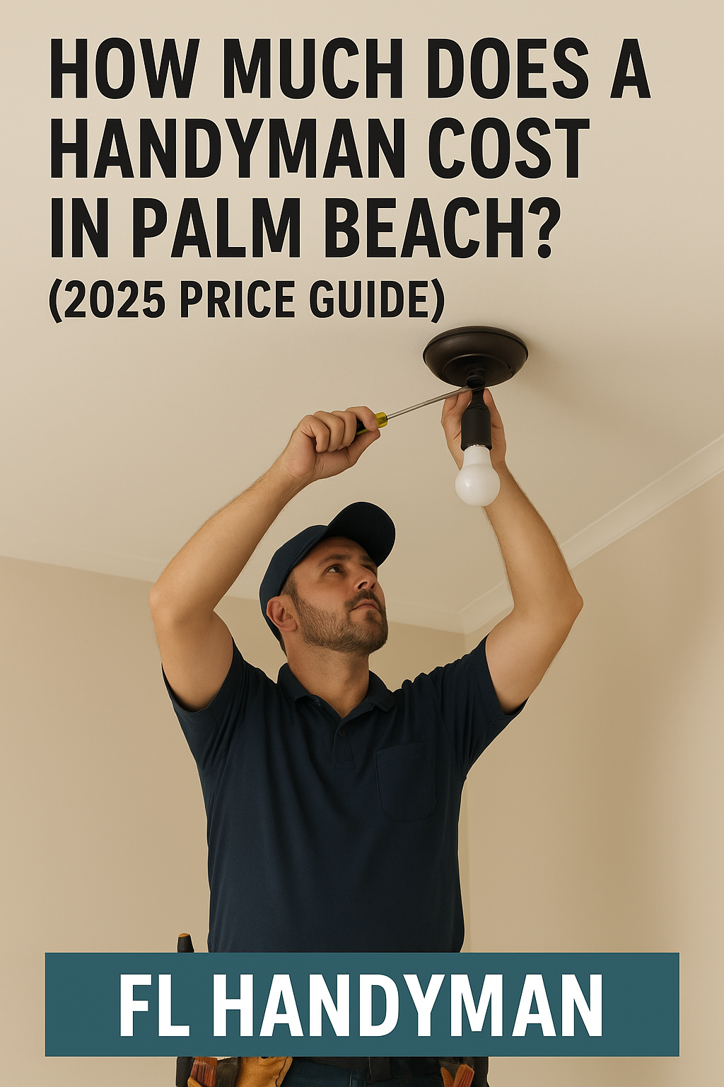 Handyman installing ceiling light fixture in Palm Beach home